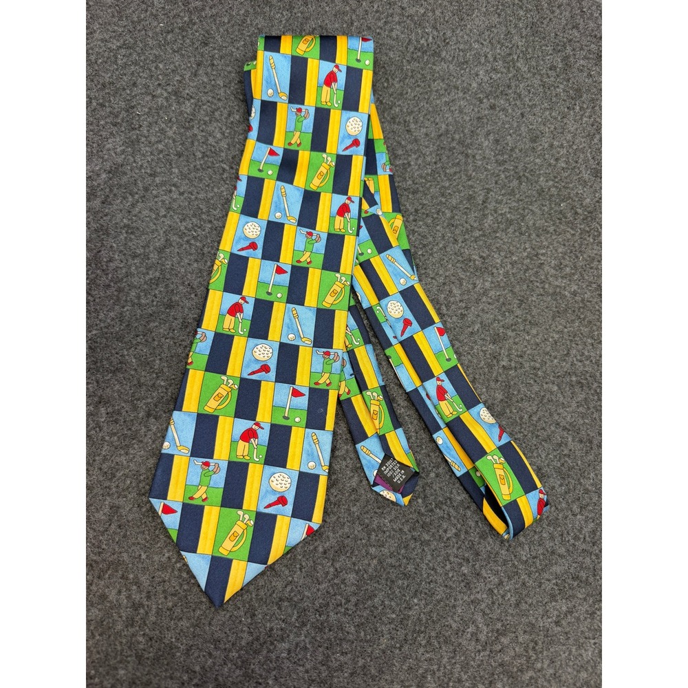 Save the Children Golf Lovers Dream Silk Tie Navy Blue Yellow Novelty Golfing